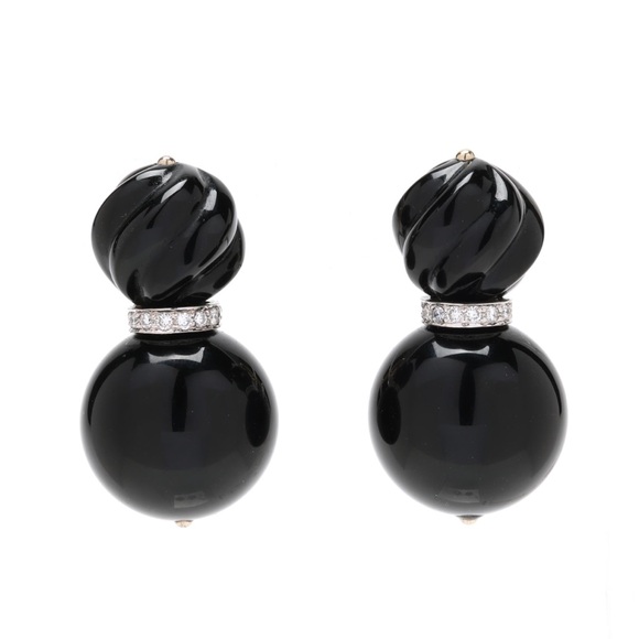 Vintage White Gold Carved Black Onyx and Diamond Earrings